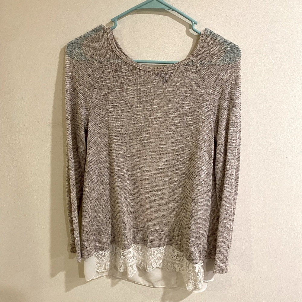 Taupe colored sweater With lace detail. Size medium
